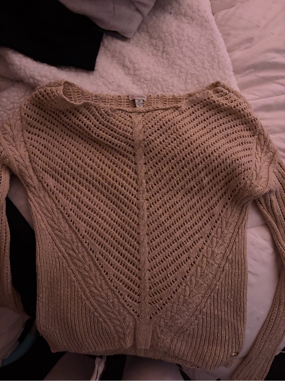 Guess Open-Weave Tan Crewneck Sweater